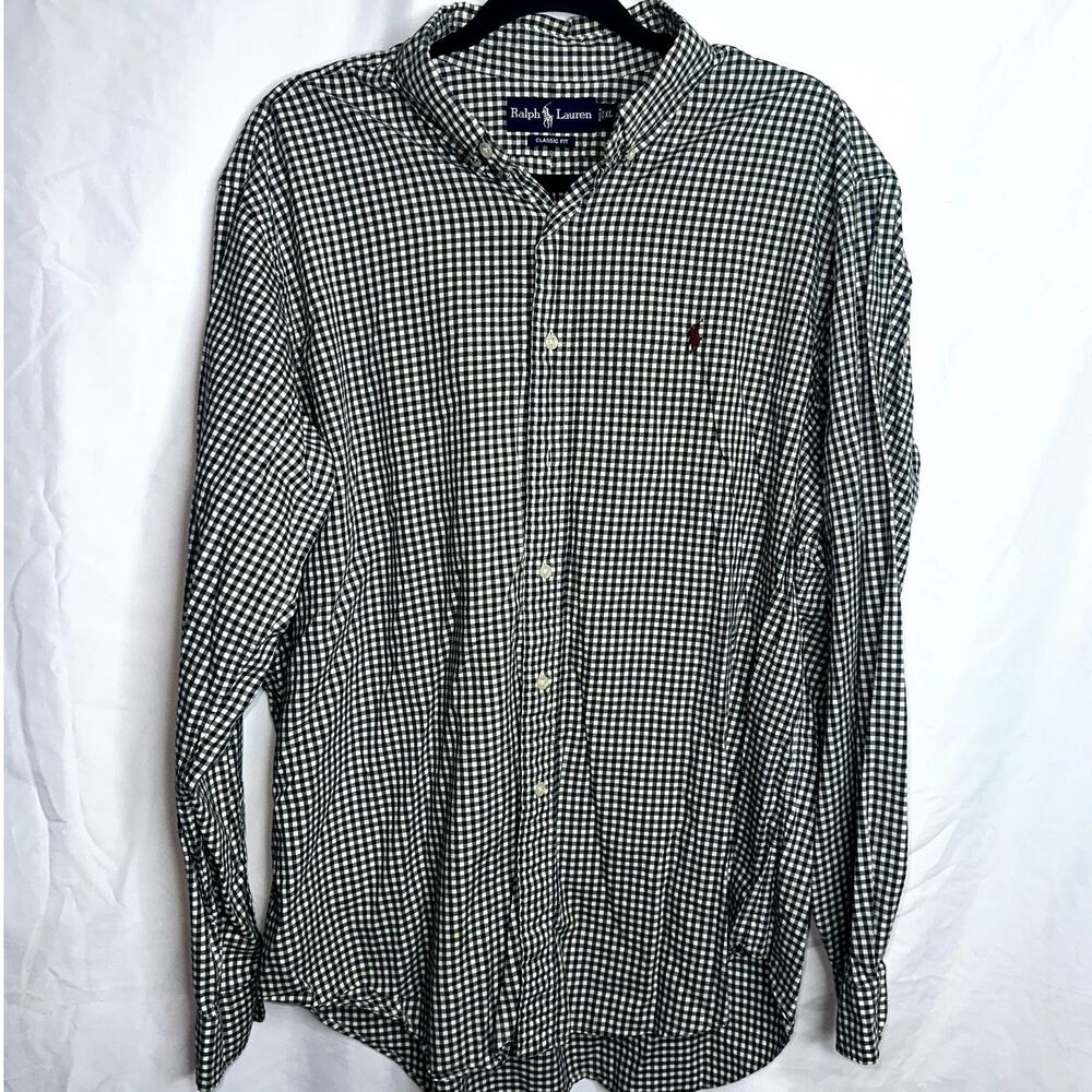Ralph Lauren Mens Sz XL Dark Green White Check Maroon Pony Long Sleeve Button Up